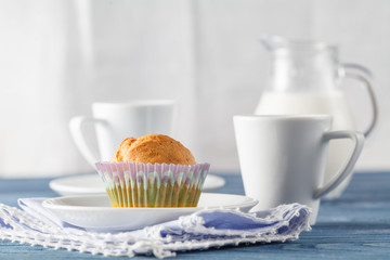 Healthy nutrition with fresh milk and chocolate muffin