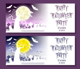 Set of Halloween background. Silhouette scary monsters trees on old cemetery backdrop moon, bats and graves. Design for concept banner, poster, flyer, cards or invites on party. Cartoon style. Vector