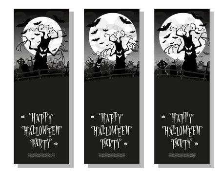 Set Halloween banners. Scary monsters trees on old cemetery backdrop moon, bats and graves. Design for poster, cards or invites on party. Cartoon style. Vector illustration. Vertical orientation.