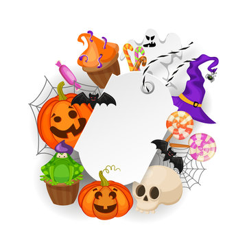 Halloween Gift Tags with autumn tree, bats, candy, spider, pumpkins and ghost on white background. Perfect for holiday greetings