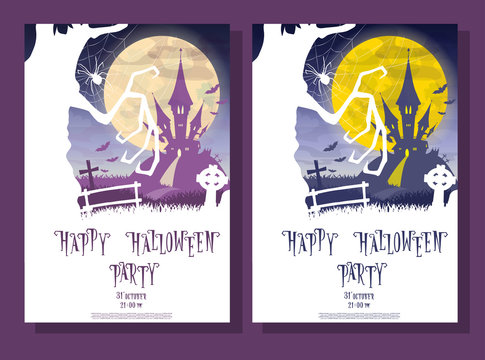 Set of Halloween background. Silhouette scary monsters trees on old cemetery backdrop moon, bats and graves. Design for concept banner, poster, flyer, cards or invites on party. Cartoon style. Vector