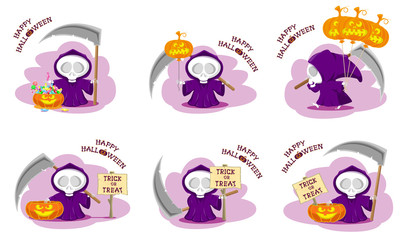 Set of funny little death in different poses with a large scythe, pumpkin, candy and title Happy Halloween isolated on white background. Cartoon style. Vector illustration