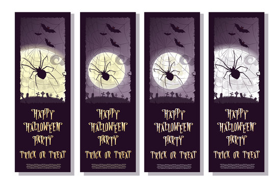 Set of Happy Halloween banner or flyer on holiday party with scary large spider, big moon and monster bats on gradient background. Vintage font letters. Cartoon style. Vector illustration