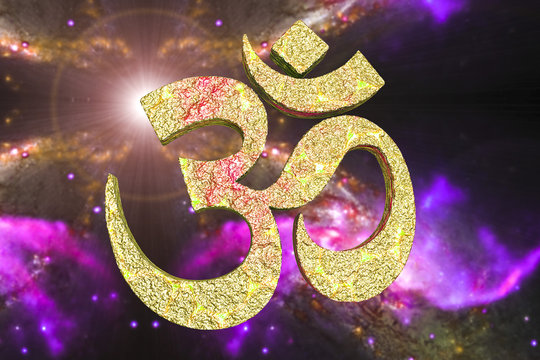 Hindu word reading Om or Aum symbol on space background, 3D illustration. It is a spiritual icon and a sacred sound in Indian religions, a mantra in Hinduism, Buddhism and Jainism