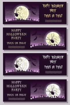 Set of Happy Halloween banner or flyer on holiday party with scary large spider, big moon and monster bats on gradient background. Bloody letters. Cartoon style. Vector illustration