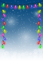 Christmas snow background with festive lights.