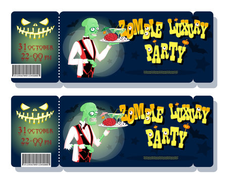 Set of banners for halloween holiday party with cute elegant zombie waiter drawing in funny cartoon retro style. Concept design ticket, poster, flyer or card. Vector illustration