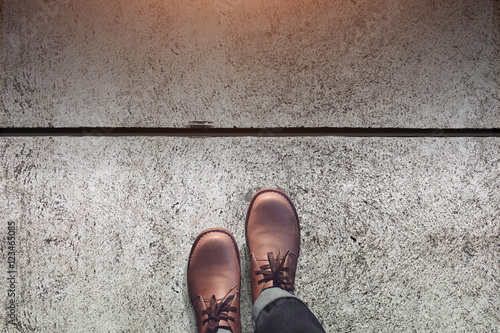 Steps Go Male With Leather Shoes Steps On Concrete Floor Top