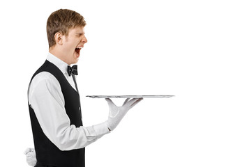 Bored yawning waiter holding empty tray