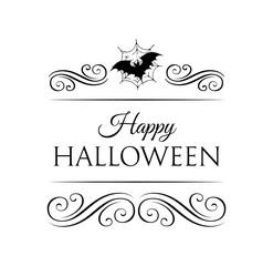 Bat And spider Web. Happy Halloween Badge. Vector Illustration. Decorated with Curls, swirls, ornament, filigree.