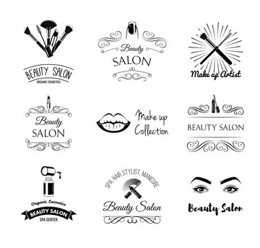 Beauty salon Set of Labels and Badges. Lips, Lipstick, Mascara , Eyelashes, Eye Brows, Nails, Manicure, Makeup, Vector Illustration. MakeUp Artist Shop