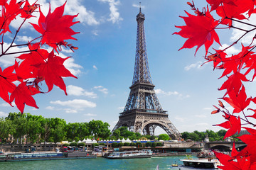 Paris riverbank with view of Eiffel Tower in fall day with red maple leaves, Paris France