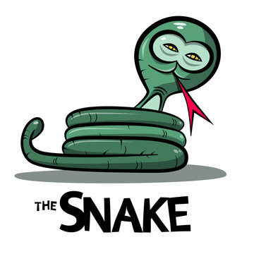 Snake Cartoon - Green Boa or Anaconda Snake with Lick Tongue Isolated on White Background