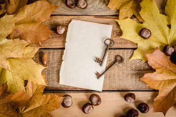 blank paper, old keys and autumn leaves on a wooden table