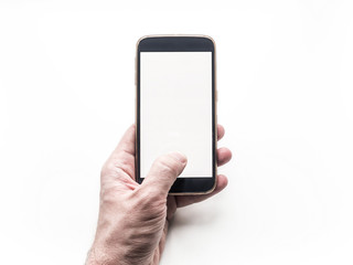 Hand holding and using mobile smart phone mockup