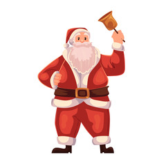 Santa Claus ringing a Christmas bell, cartoon style vector illustration isolated on white background. Full length portrait of Santa ringing a bell, Christmas decoration element