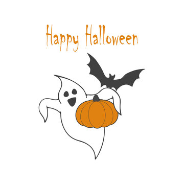 Happy Halloween Poster with ghost, pumpkin , bat on white background.