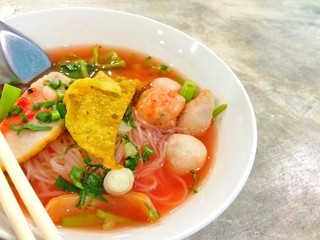 Closeup Thai noodle, yen-ta-fo, with copy space