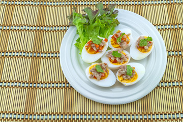 Close up salted egg salad , mix many vegetable ,Mix boiled egg ,