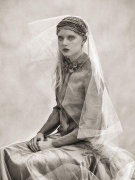 Portrait of woman with braided hair and veil