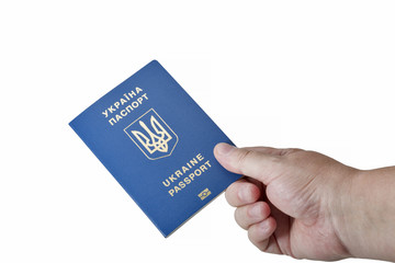 Hand holding Ukrainian biometric passport isolated on white background
