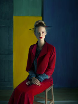 Blonde woman wearing red jacket and long skirt 