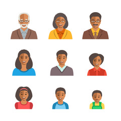 African American family happy faces. Vector flat avatars. Black people all ages generation simple icons. Mother, father, adult, teen, little kids portraits. Young, senior men, women, boys, girls, baby
