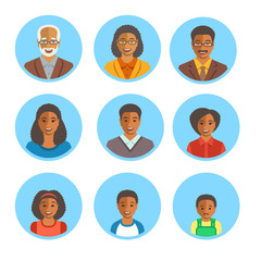 African American family happy faces. Vector flat avatars. Black people all ages generation simple icons. Mother, father, adult, teen, little kids portraits. Young, senior men, women, boys, girls, baby