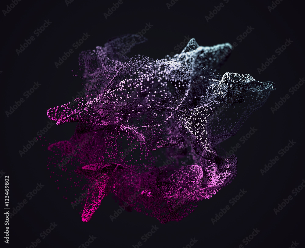 Poster abstract 3d rendering of chaotic particles. flying cubes in empty space. dynamic shape. futuristic b