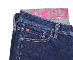 Blue jeans front pocket on white background