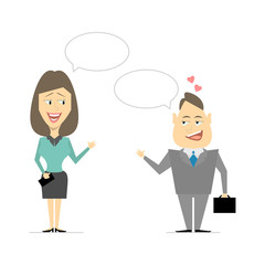 Speaking of men and women. Business meeting, flirting. Cartoon vector