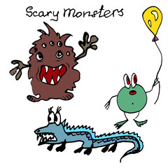 Hand drawn ink illustration. Colorful  vector cartoon monsters. Halloween theme. Hand written words Scary Monsters.