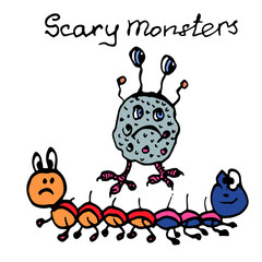Hand drawn ink illustration. Colorful  vector cartoon monsters. Halloween theme. Hand written words Scary Monsters.