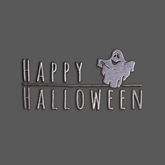 Happy Halloween lettering greeting card. Horizontal banner with a very cute funny ghost isolated on the grey background. Cartoon style. 3d illustration. Iron rust texture. Halloween Poster.