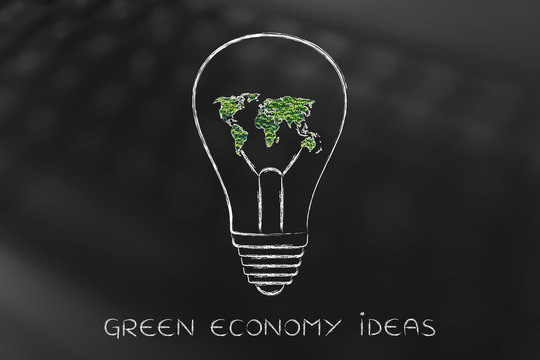  lightbulb with map of the world made of leaves, green economy i