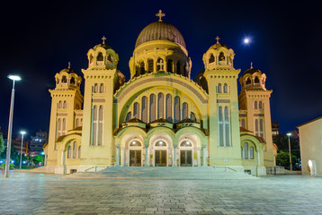 Fototapeta na wymiar Saint Andrew basilica at night, the largest church in Greece, Patras, Peloponnese.