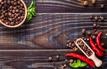 Red Hot Chili Peppers. Overhead view of chili pepper on wood bac