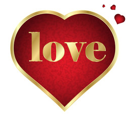 Vector red heart in gold and the word love made of gold