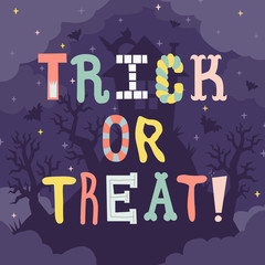 Trick or treat Halloween illustration with lettering and house.