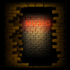 music neon light in the doorway of brick wall uno