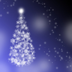 White snowflakes christmas tree at the blue and black background