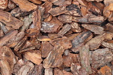 Background made from brown wood chips. Slivers of pine. Texture.