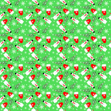 christmas pattern-snowmans,tree and gloves on the green background,seamless