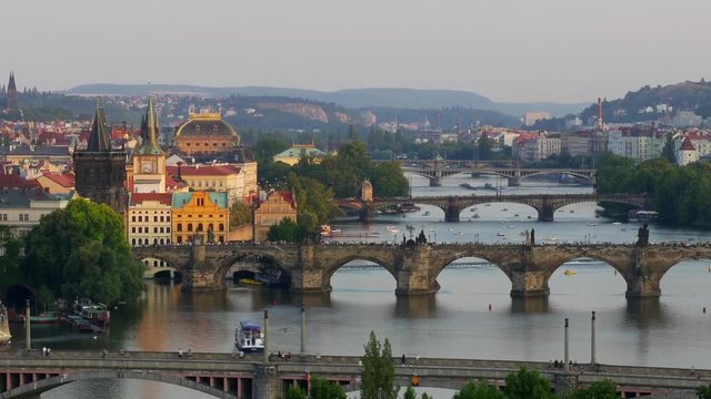 Aerial view to bridges of Prague over the River Vitava Czech Republic, Europe