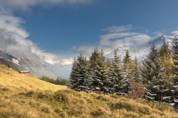 Herbstlandschaft in den Alpen mit erstem Schnee