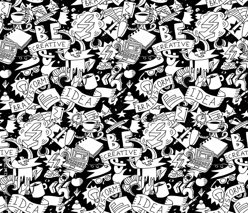 Wall mural creative doodles idea brainstorm black white seamless pattern.