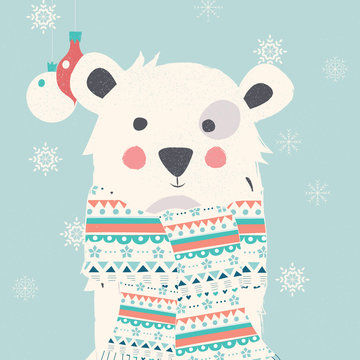 Merry Christmas postcard with polar white bear wearing scarf