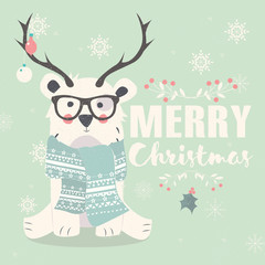 Merry Christmas postcard, hipster polar bear wearing glasses and