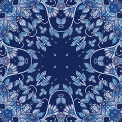 Decorative floral ornament. Can be used for cards, bandana prints, kerchief design, tablecloths and napkins.