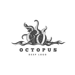 Giant evil kraken logo, silhouette octopus sea monster with tentacles - 123480817